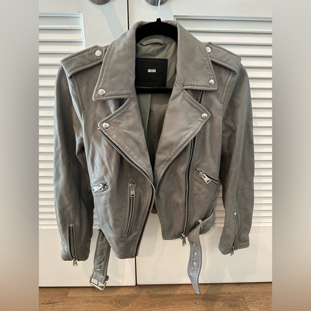 AllSaints Balfern Leather Jacket Duck Egg Blue Gray Size  US 2 UK 6